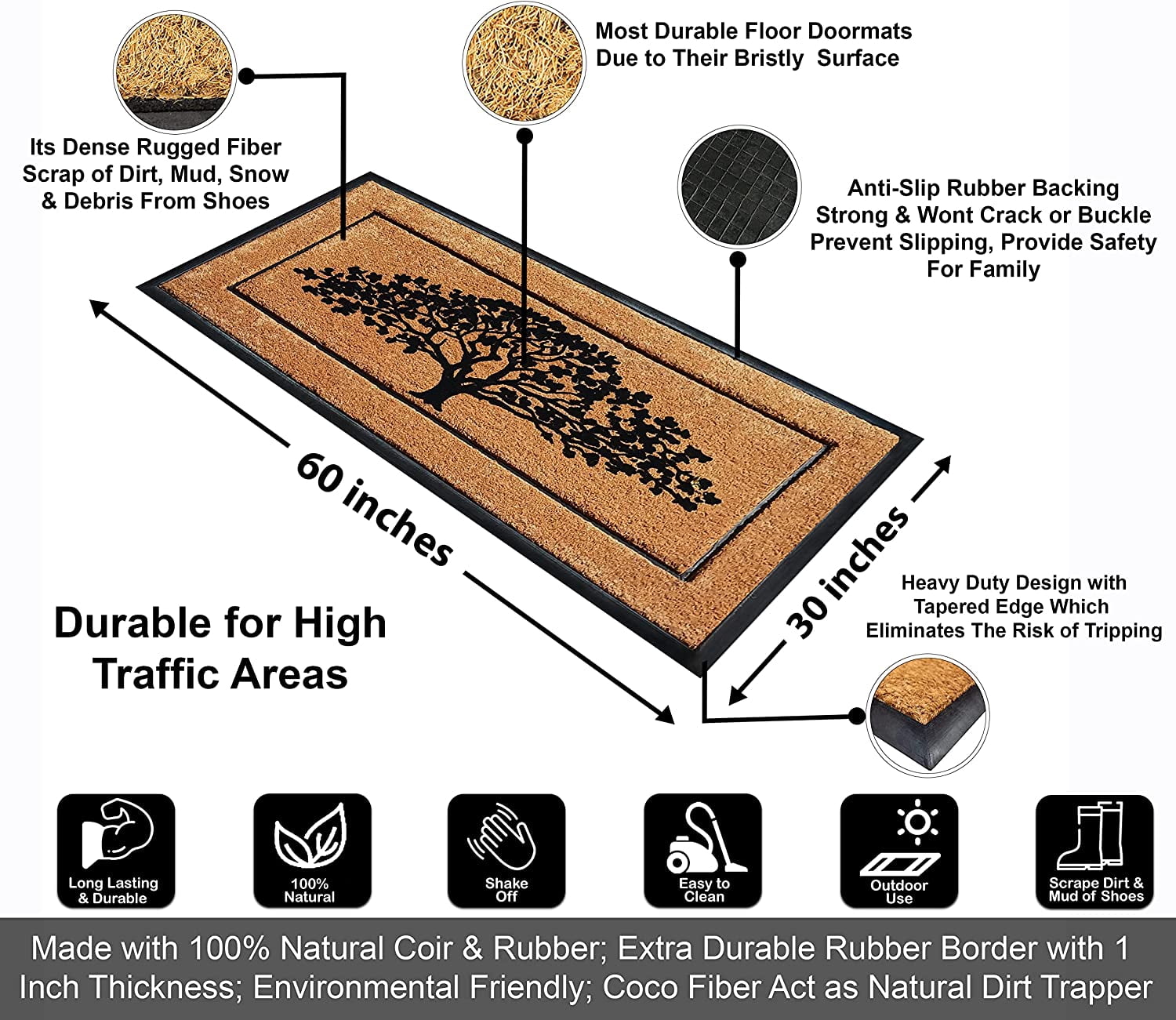 A1HC Large Outdoor Doormat, Natural Coir and Rubber, Heavy-Duty Flocked Entrance Mat for Porch and Entryway, 30 x 60 inches