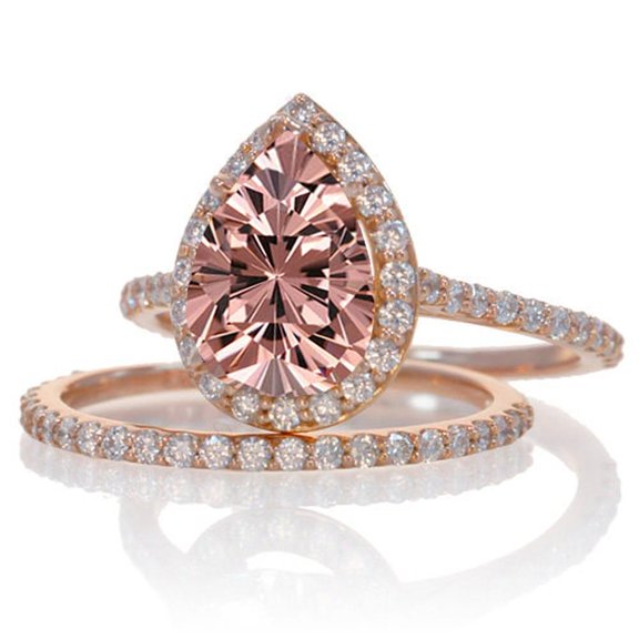 8x5mm Pear Shape 2.25 Carat Morganite and Diamond Moissanite Halo Bridal Ring Set on 10k Rose Gold