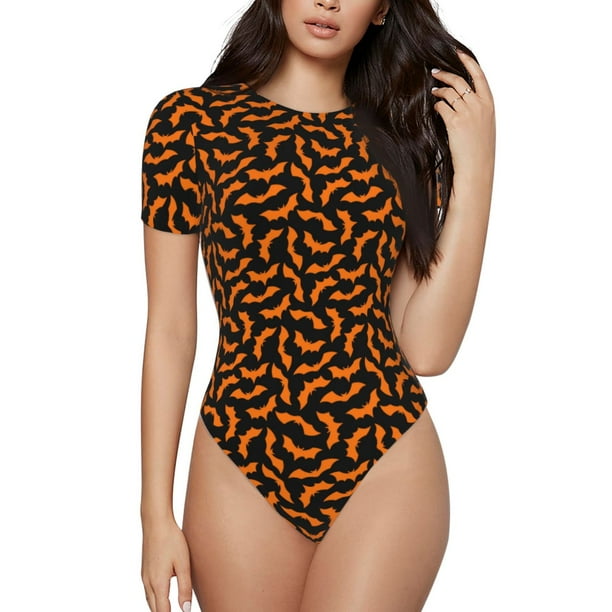Fotbe Halloween Bat Body de Mujer con Cuello Redondo y Mangas Cortas, Sin Mangas Ajustado, Suave, Cómodo y Básico-Small