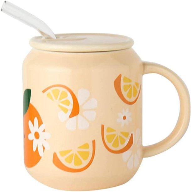 Taza de porcelana con tapa y pajita, taza de agua de 13 onzas con asa, lindo patrón naranja