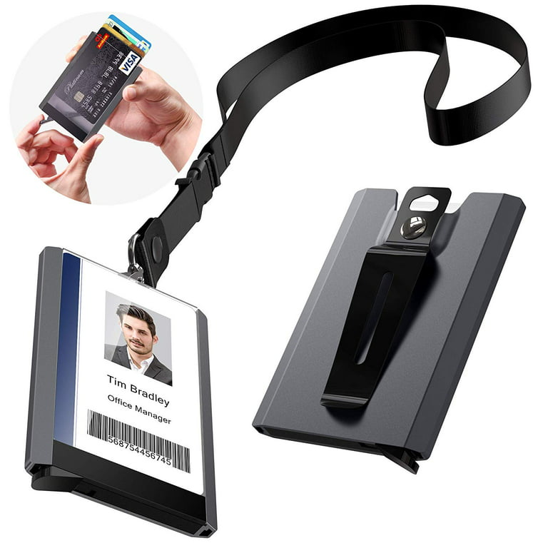 ELV Aluminium ID Badge Card Holder (up to 4 Cards) w/ Lanyard, Quick  Release Button & Clip (Gray) 