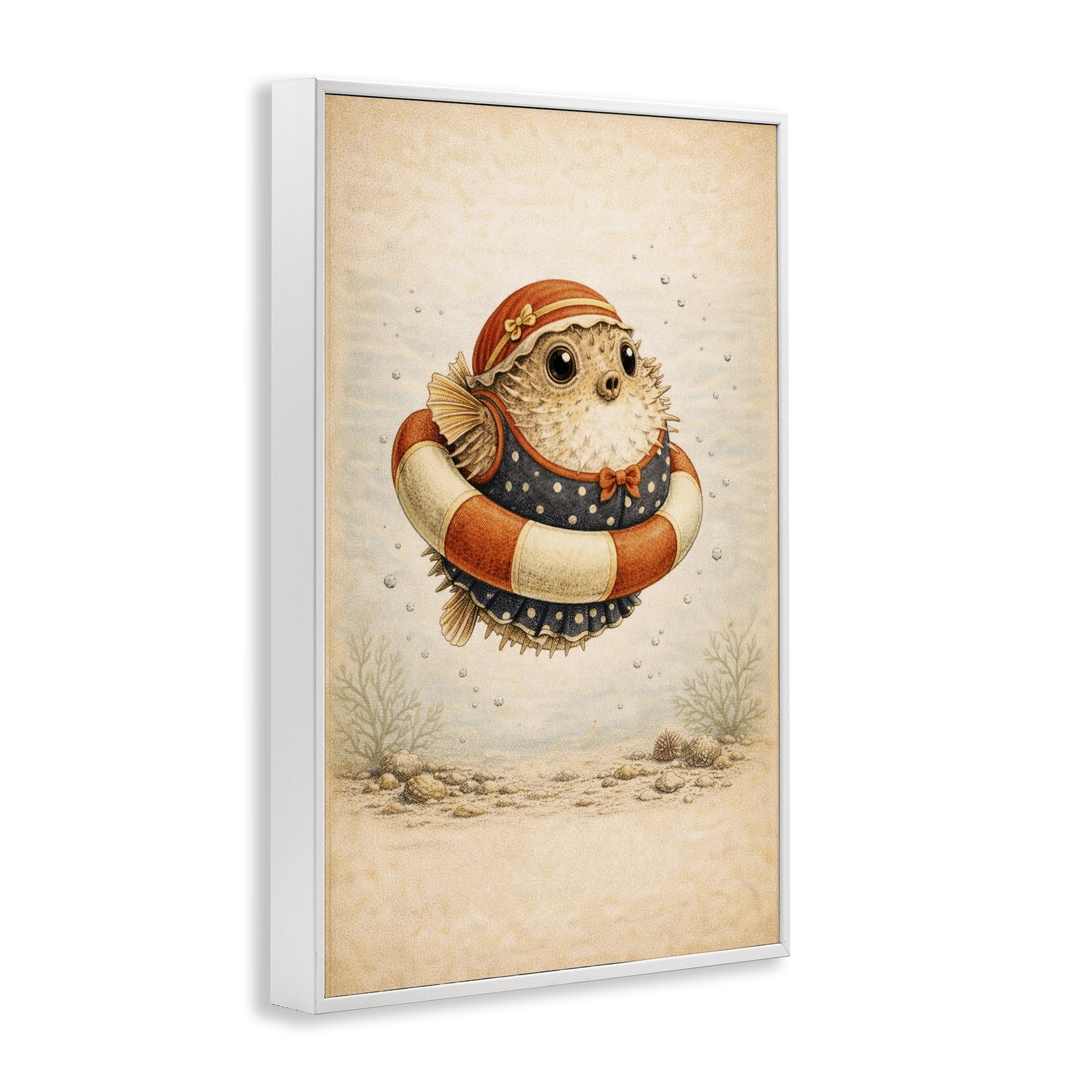 Stupell Industries Pufferfish Of Maritime Bathing Society White Framed Giclee Art, design by Grotto Studios