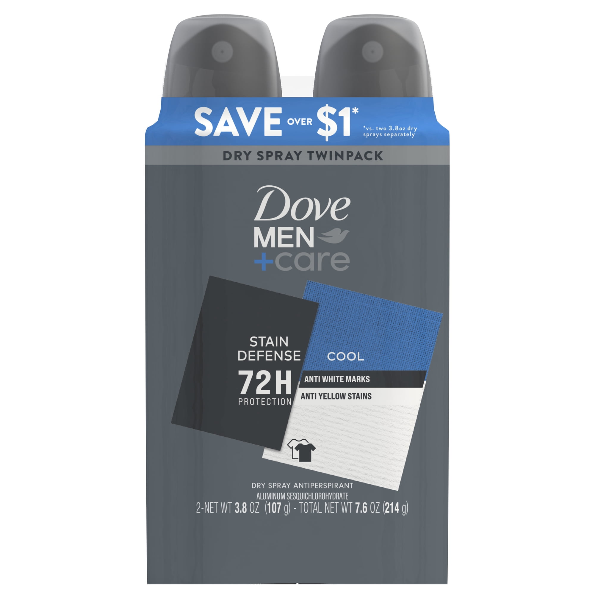 Dove Men+Care Antiperspirant Deodorant Dry Spray For Men Anti-White Marks & Yellow Stains, 72-hour Sweat And Odor Protection Stain Defense Cool With Triple Defense Technology™ ,3.8 oz Twin Pack