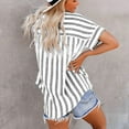 thumbnail image 5 of Black Women T Shirts Loose Fit, Spandex Blouses For Women Business Casual, Women Striped Button Down Shirts Cotton Linen Blouse Tops Short Sleeve Collar Guaze Shirt Trendy Vacation Work Clothes, 5 of 8