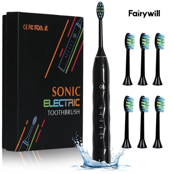 Fairywill Ultrasonic Electric Toothbrushes, Adult and Kids, Rechargeable, 5 Modes, 4H Charge, 2 Min Timer, with 5 Replacement Heads, Black