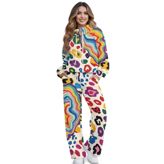Xixirimido Colorful Leopard Swirl Print Women 2 Piece Outfits Fall Fashion Airport Lounge Set Long Sleeve Sweatshirt Wide Leg Pants Travel Vacation Sweatsuits, X-Small