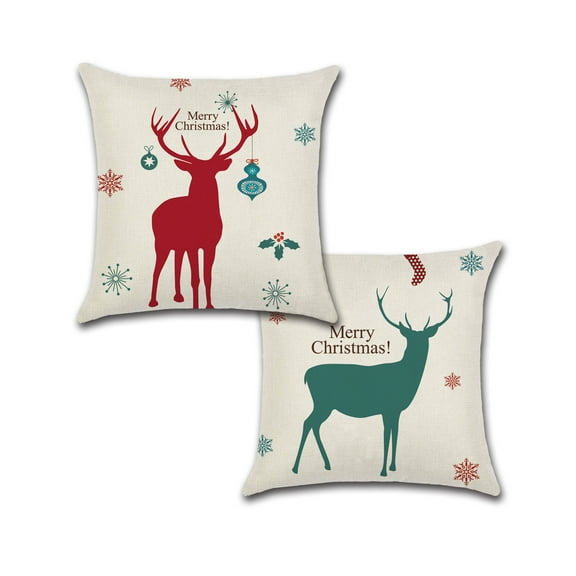 Christmas Red and Green Deer Design Cotton Linen Fabric Decorative Indoor / Outdoor Throw Pillow Cover Set 18x18