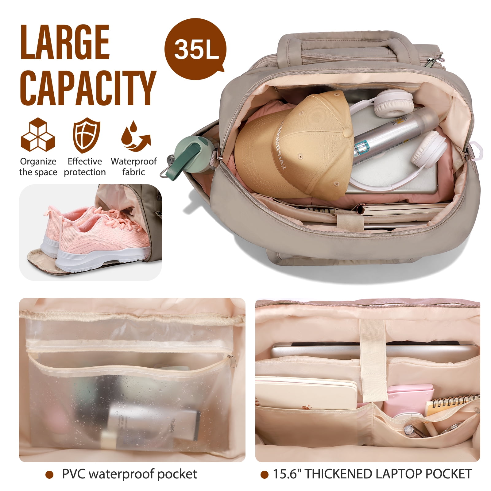 Gocvo Womens Tennis Bag with Shoe Compartment, Versatile Lightweight Tennis Racket Bag, Sports Bag for Tennis Pickleball Badminton (Camel)