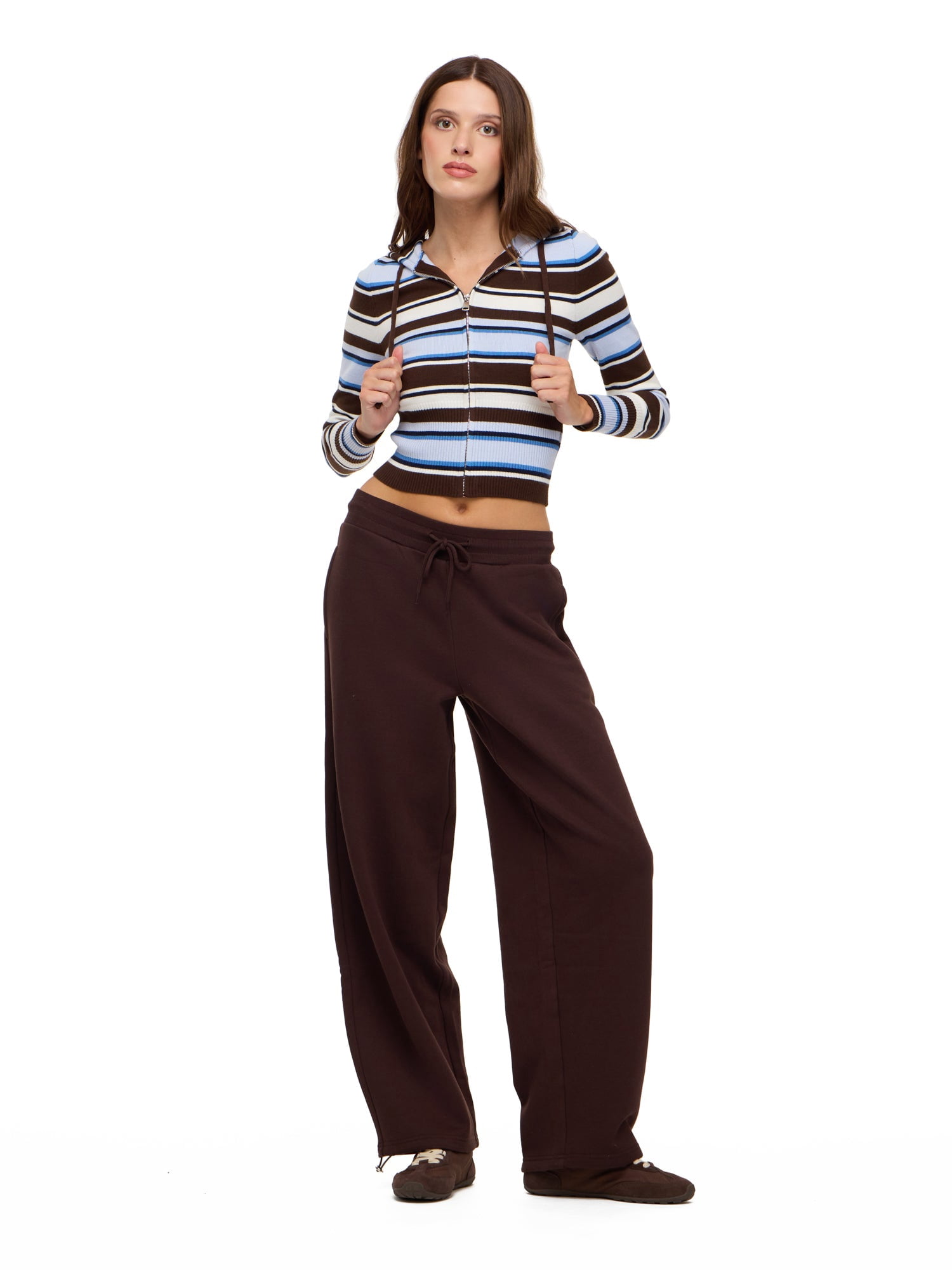 Forever 21 Women's Striped Zip Up Hooded Sweater, Long Sleeve Soft Knit Hoodie, Casual Everyday Streetwear Style Top, Brown, XXS-XXL