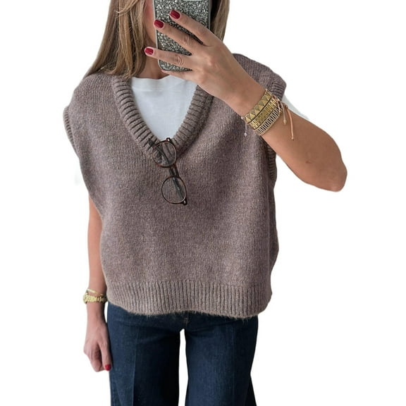 Womens Fall Fashion Sweater Tops Trendy Western Knit Business Casual Work Cap Sleeve Vest Cute Outfits Tops Khaki S