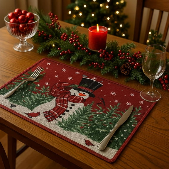 Serafina Home Christmas Tapestry Placemat – Set of 6 Festive Weave Fabric Red Pine Trees, Cardinals & Cream Border Design for Holiday's, Thanksgiving, Winter, Christmas