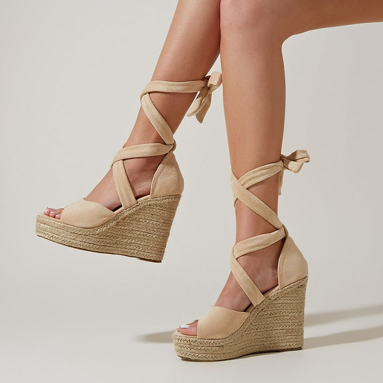 Womens Lace Up Platform Wedge Espadrille Sandals Open Toe Cross Slingback  Summer Shoes 