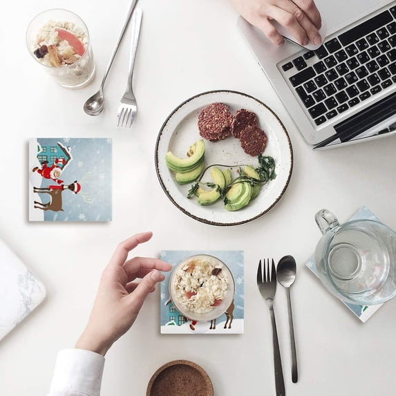 FMSHPON Merry Christmas Santa Claus Deer Set of 4 Coaster for Drinks, Absorbent Ceramic Stone Coasters Cup Mat with Cork Base for Home Kitchen Room Coffee Table Bar Decor