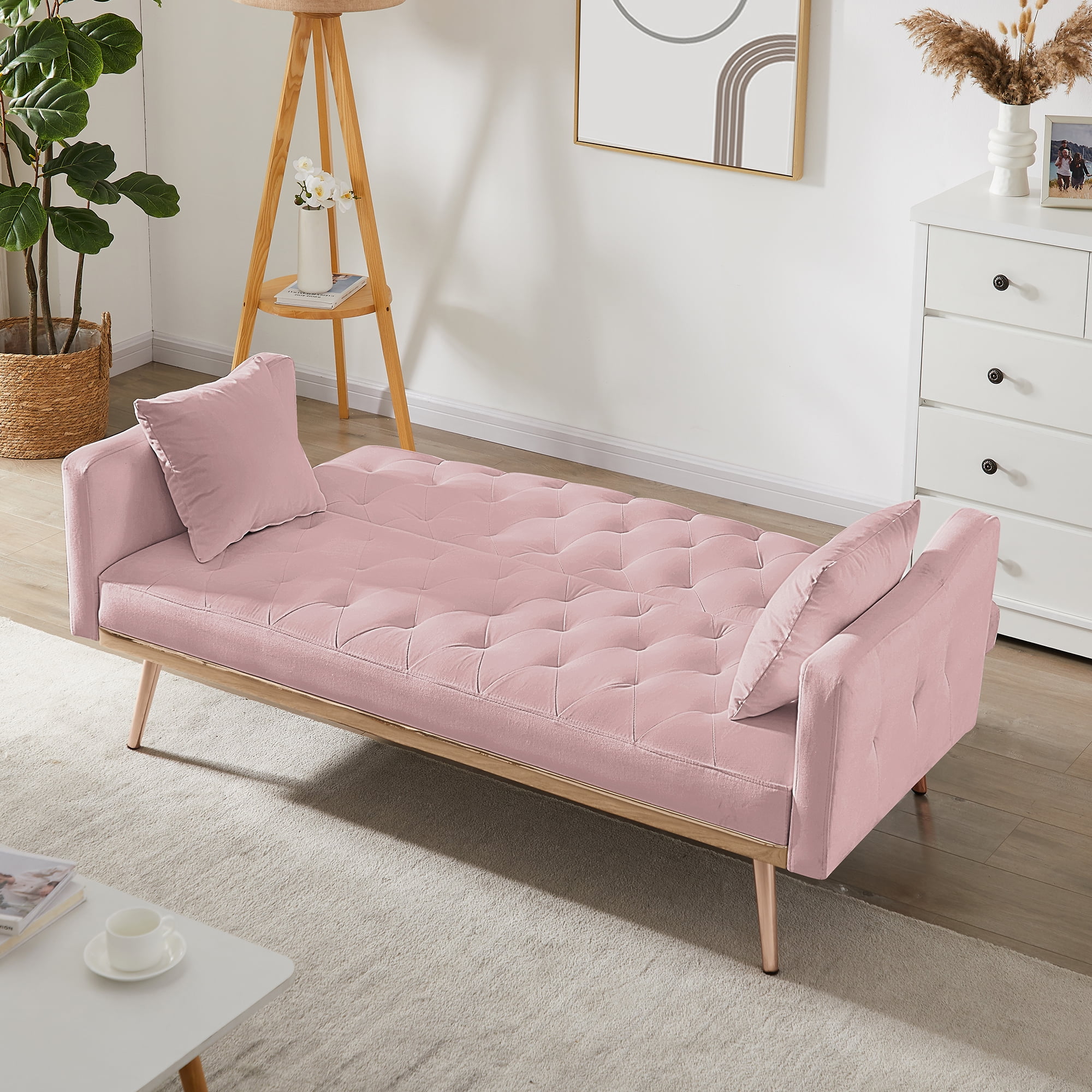Kadyn Futon Sofa Bed with Metal Legs, Futon Convertible Sofa Bed for Living Room, 3-Speed Adjustable Living Room Sofa, Pink Kadyn Futon Sofa Bed with Metal Legs, Futon Convertible Sofa Bed for Living Room, 3-Speed Adjustable Living Room Sofa, Pink
