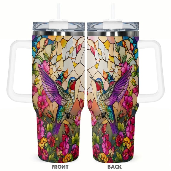 40oz Stained Glass Hummingbird Floral Car Tumbler Insulated Travel Cup with Handle and Straw Lid Gift