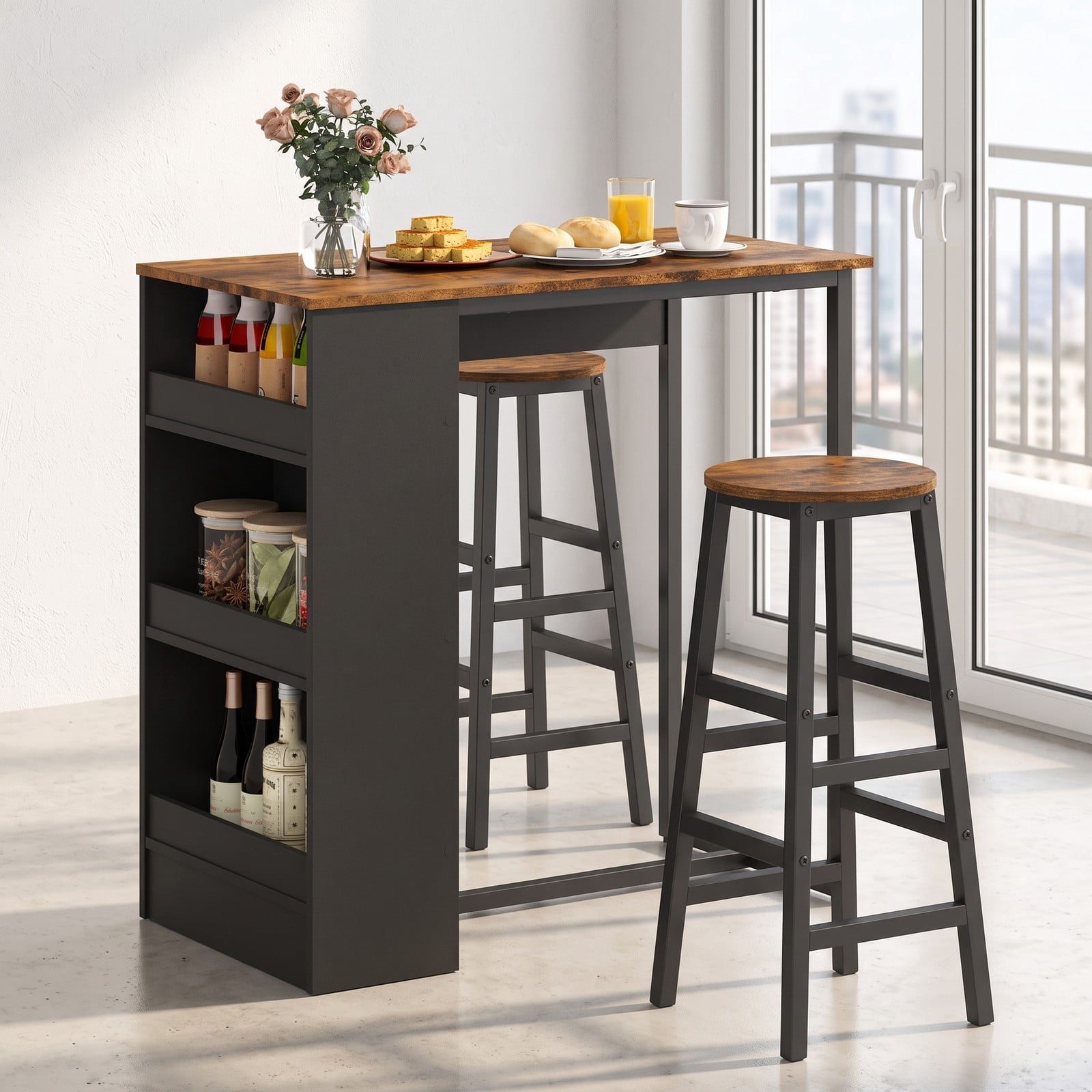 Furnibear 3-Piece Bar Table Set with Storage Shelf, Industrial Counter Height Pub Dining Table and 2 Stools for Kitchen Dining Room Restaurant, Space-Saving Bar, Brown