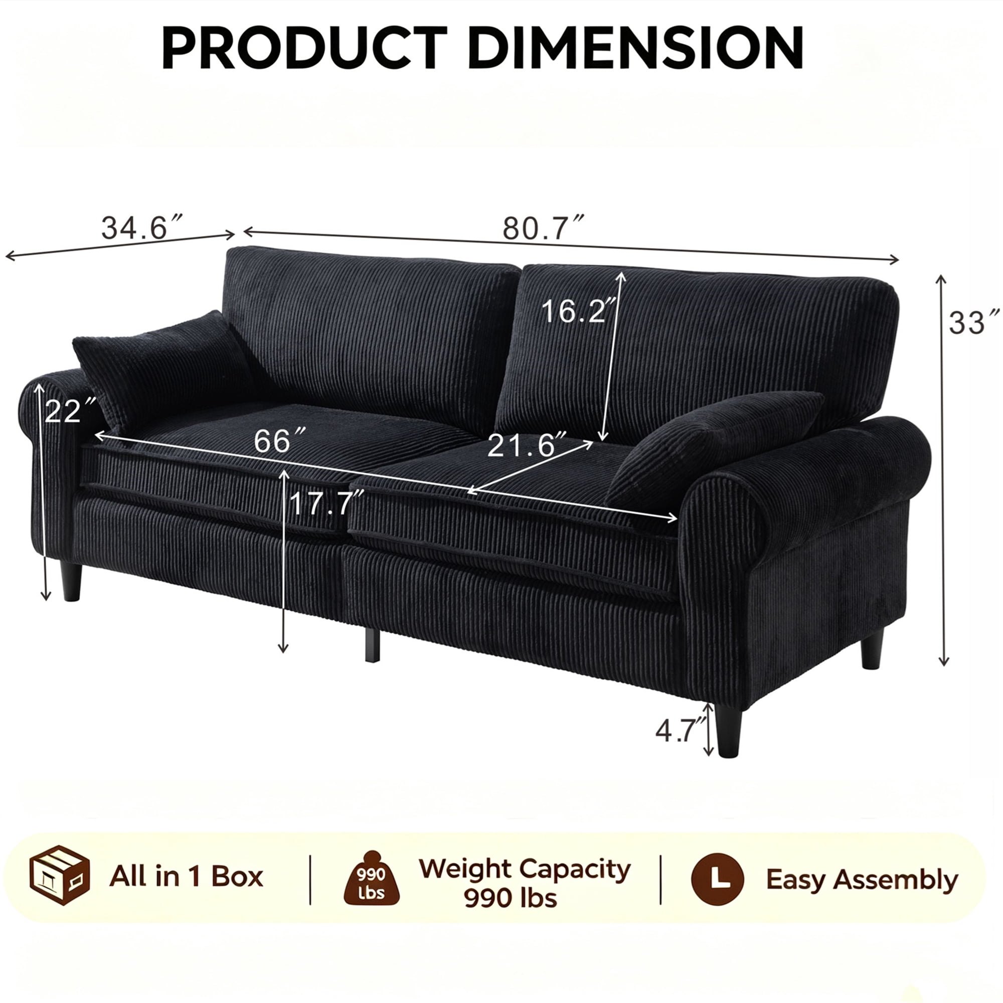 Aukfa 81" Roll Arm Sofa 3 Seat Deep Seat Upholstered Couch for Living Room Bedroom, 2 Pillows, Corduroy, Black