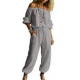thumbnail image 5 of BESEW7 Off Shoulder Jumpsuits for Women, Summer Casual Loose Rompers with Pockets Roll Up Sleeve Elastic Waist for Daily Beach Vacation Gray L, 5 of 7