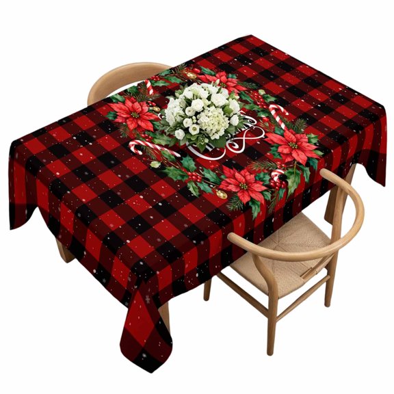 Waterproof Tablecloth Christmas Wreath Flower Poinsettia Berry Rectangle Table Cloth 60x120in,Wipeable Washable Table Cover Red Black Plaid Tablecloths for Dining Tables Kitchen Picnic Outdoor Party