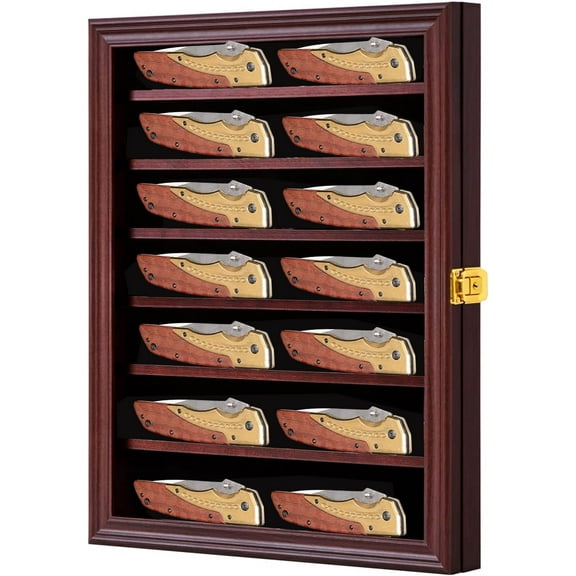 Knife Display Case Pocket Knife Display Stand Military Folding Knife Shadow Box Wall Cabinet with Uv Protection Acrylic Lockable, Cherry