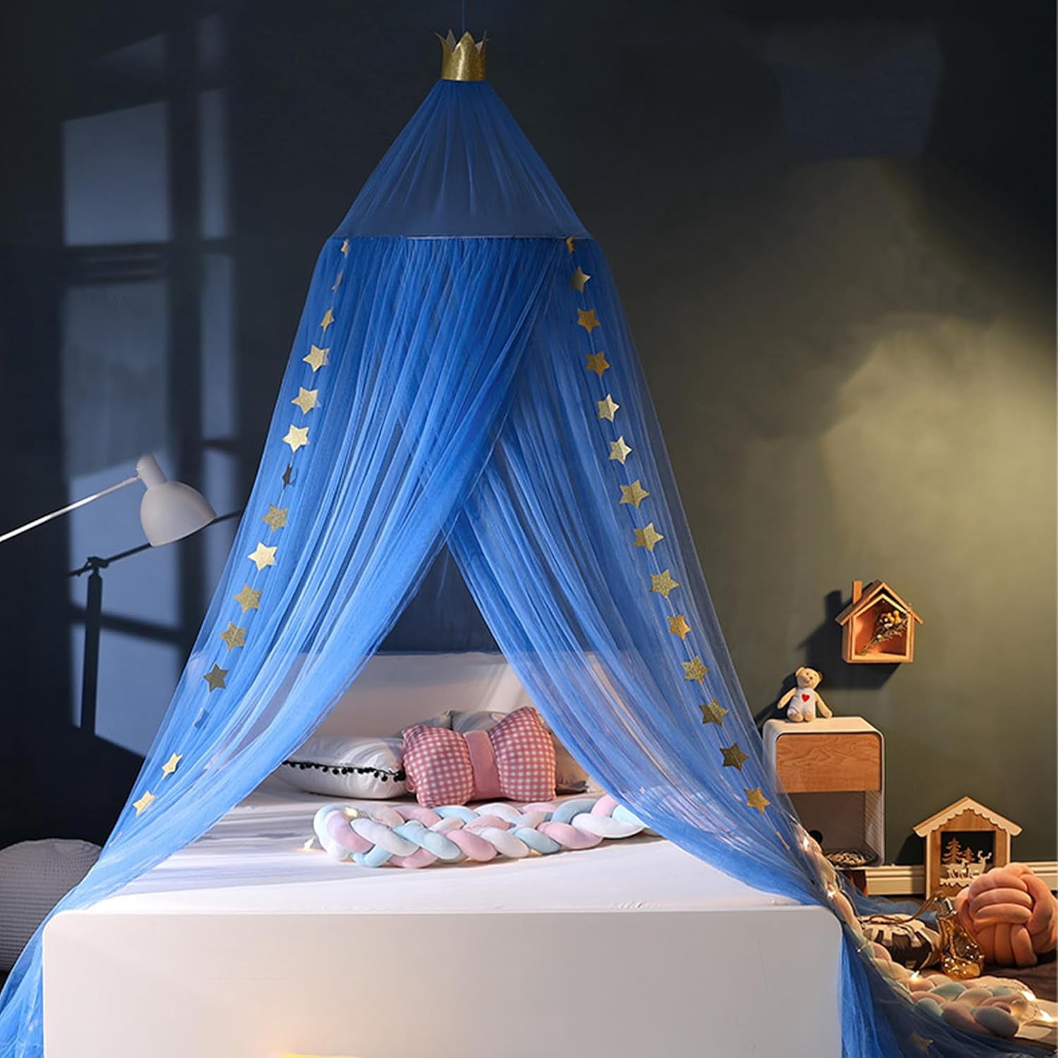 Kids Bed Canopy with Stars:Breathable Canopy Bed Curtains,Hanging Net Crown Bed Tent,Princess Room Decor for Kid's Room,Nursery,Reading Nook (Blue)