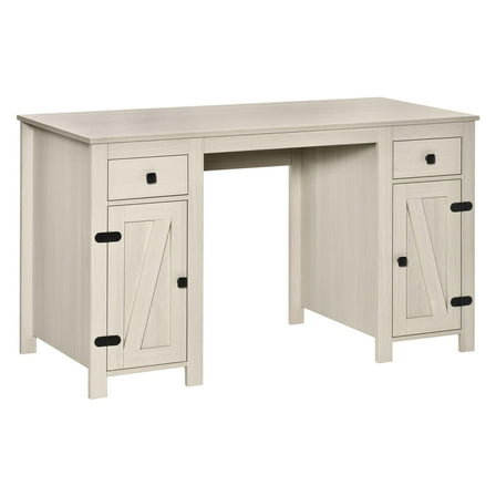 Home Office Desk with Drawers, White Computer Desk with Adjustable Shelf, Study Workstation Table with Barn Door, 52.25" Long