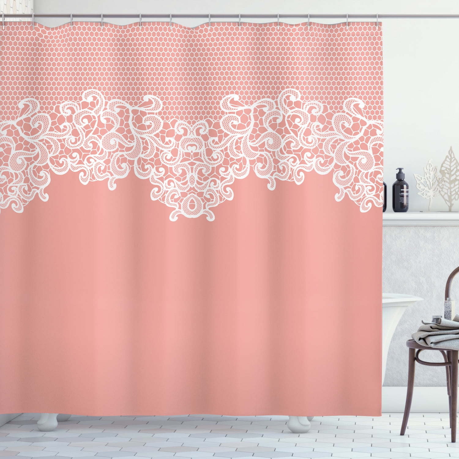 Peach Shower Curtain, Abstract Lace Design Wedding Engagement