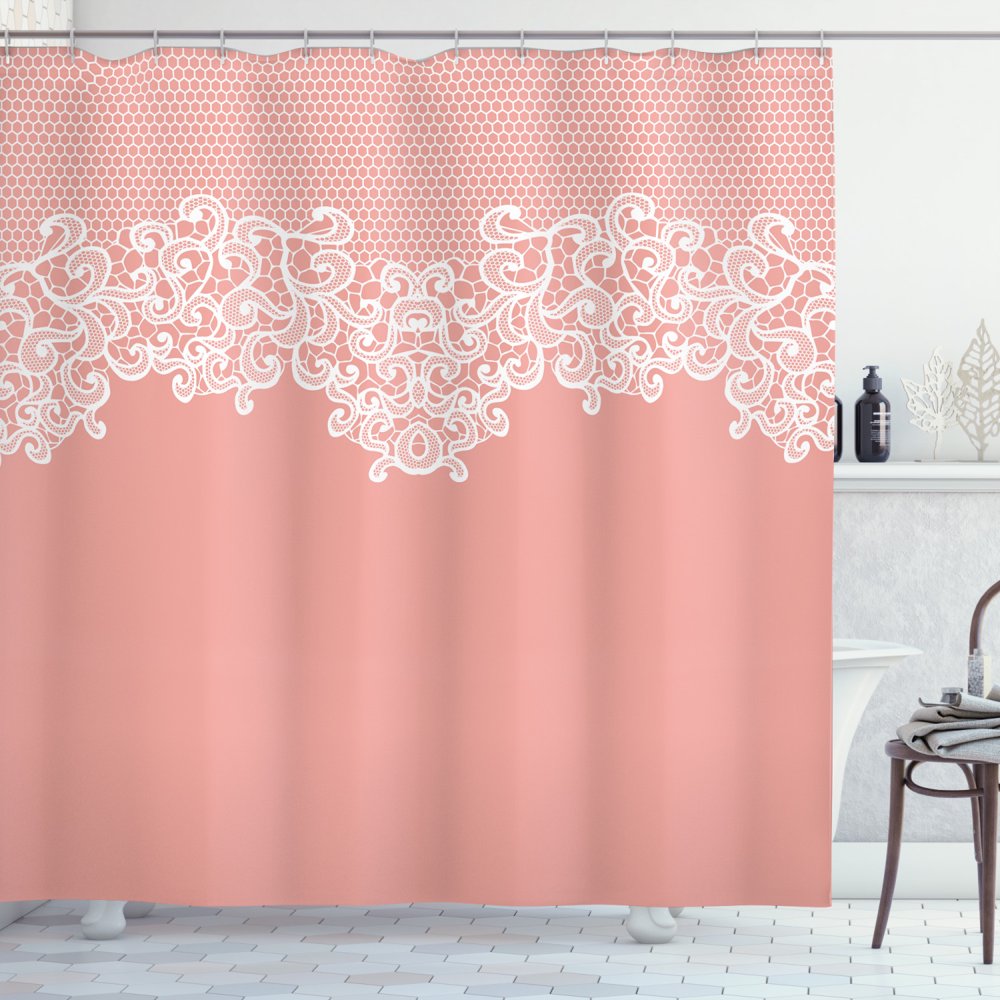 Peach Shower Curtain, Abstract Lace Design Wedding Engagement