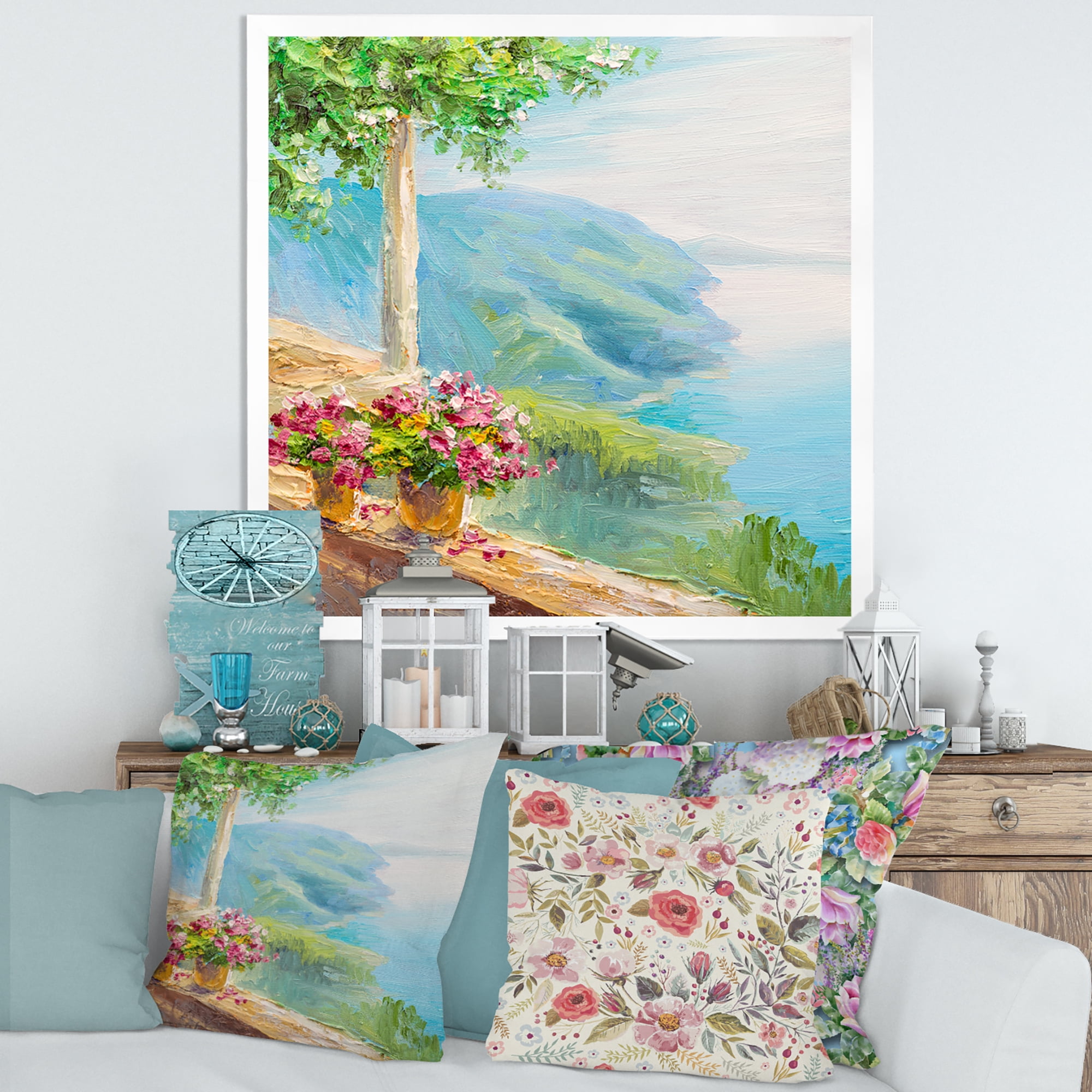 Designart 'House With Colorful Flowers Near The Sea V' Nautical & Coastal Framed Art Print