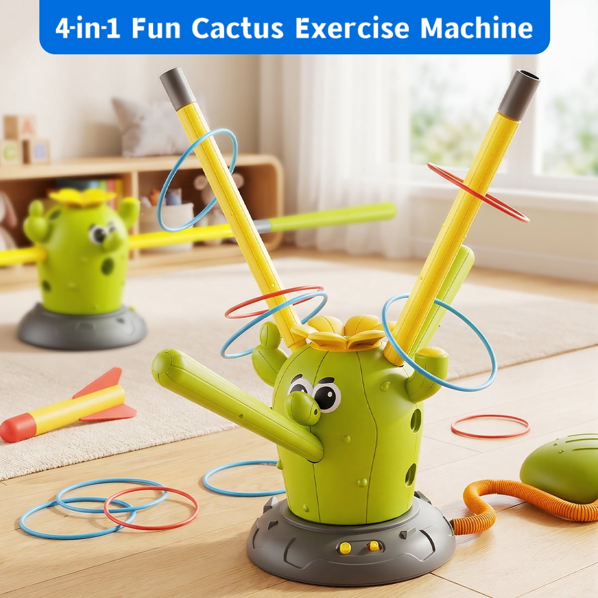 KNMDU 4-in-1 Cactus Toy Set with Ring Toss, Baseball, and Stomp Rocket Launcher, Active Play Outdoor Toy for Kids Ages 4-8