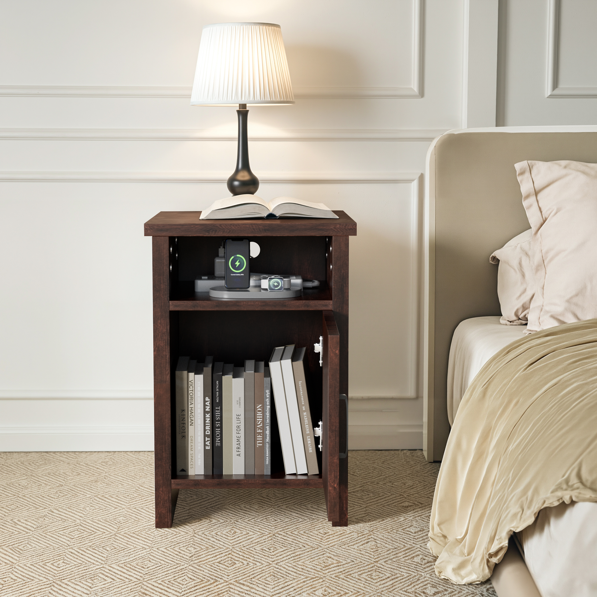 Vineego 1 Piece Farmhouse Nightstand with Storage Shelves Bedside Tables for Bedroom Modern Wood Side Table Living Room, Dark Brown