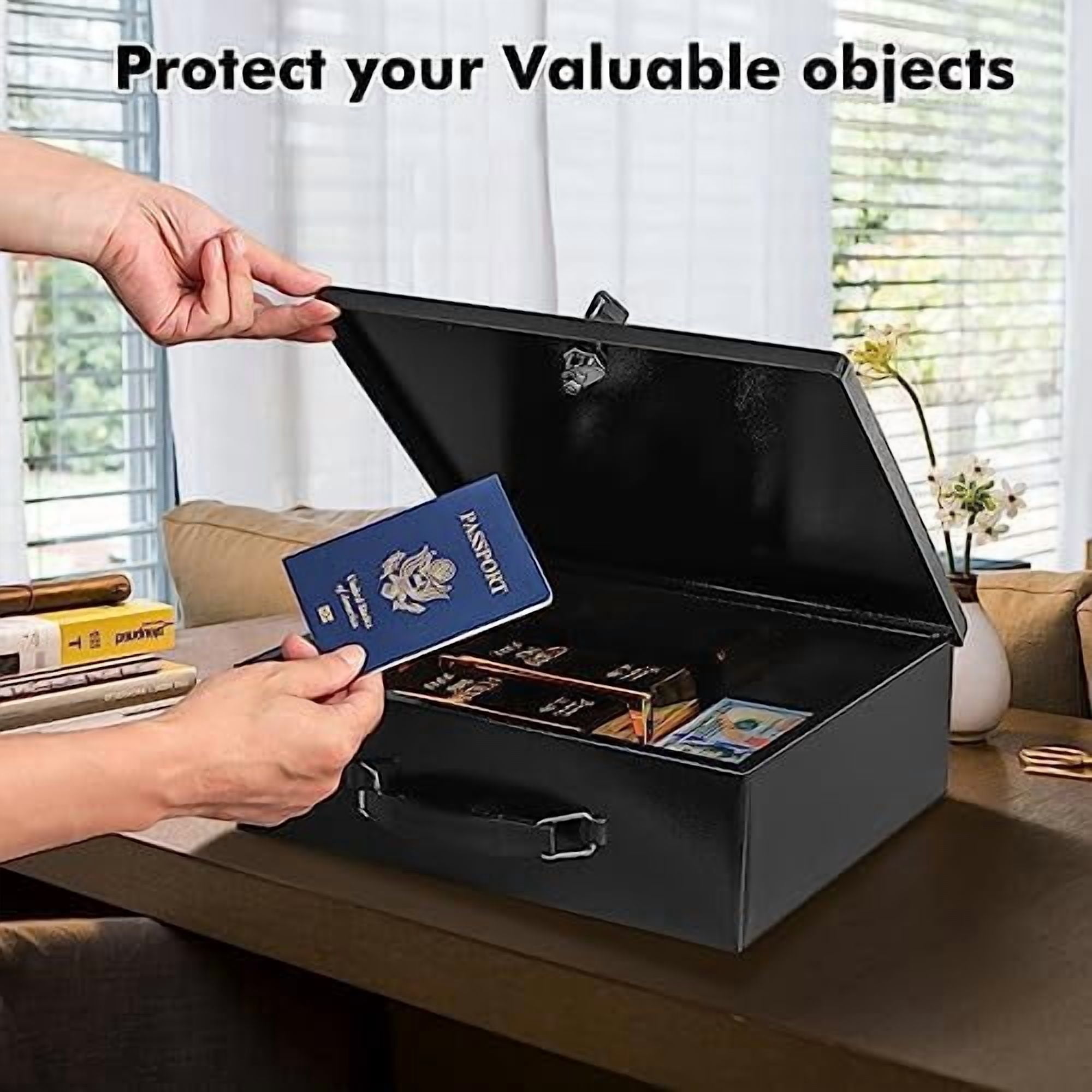 Fireproof Document Box with Key Lock, Large Safe Storage Box for Valuables, Fire Resistance Security Chest, Lock Box for Passport, Cash, Tablet 12.9'' x 10.7'' x 4.2'' Black