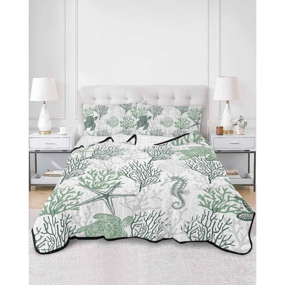 Quilts Twin Size, Sage Green Coastal Soft Comforter Bedding Set for Bed, Sea Turtle Nautical Coral Summer Beach Lightweight Quilted Bedspread with Pillow Cover(2 Pieces) for All Season, 68x86 Inch