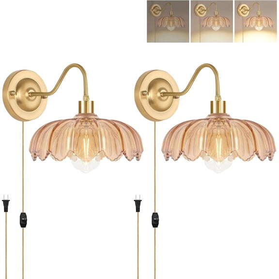 Vintage Plug in Wall Sconces Set of Two, Dimmable Wall Sconces Lamps with Flower Glass Lampshade & 3.6FT Plug in Cord, Gold Sconces Wall Decor Set of 2 Plug in Wall Lights Sconces for Bedroom