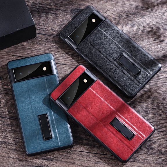 For Google Pixel 7 Pro PU Leather Shockproof Slim Back Metal Stand Phone Case Cover