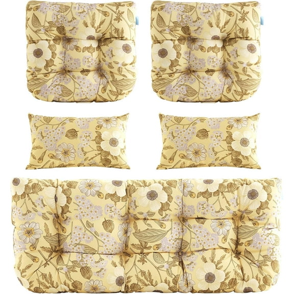 ARTPLAN Outdoor Cushions for Settee,Wicker Loveseat Cushions with Tie,Tufted Patio Cushions 2 U-Shaped Set of 5 Piece,L44xW19,Floral,Beige