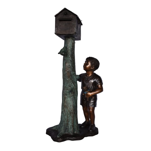 Nifao A Boy Standing by His Mailbox Looking at Birds Bronze Statue – Outdoor Garden Decor Sculpture, 25"L x 22"W x 51"H