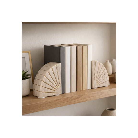 Semi-Circle Marble Book Ends for Shelves - Bookshelf Decor and Book Accessories for Home Library Accent - Decorative Bookends Accent for Office, Desk or Living Room Display - Set of 2, 5", Tan