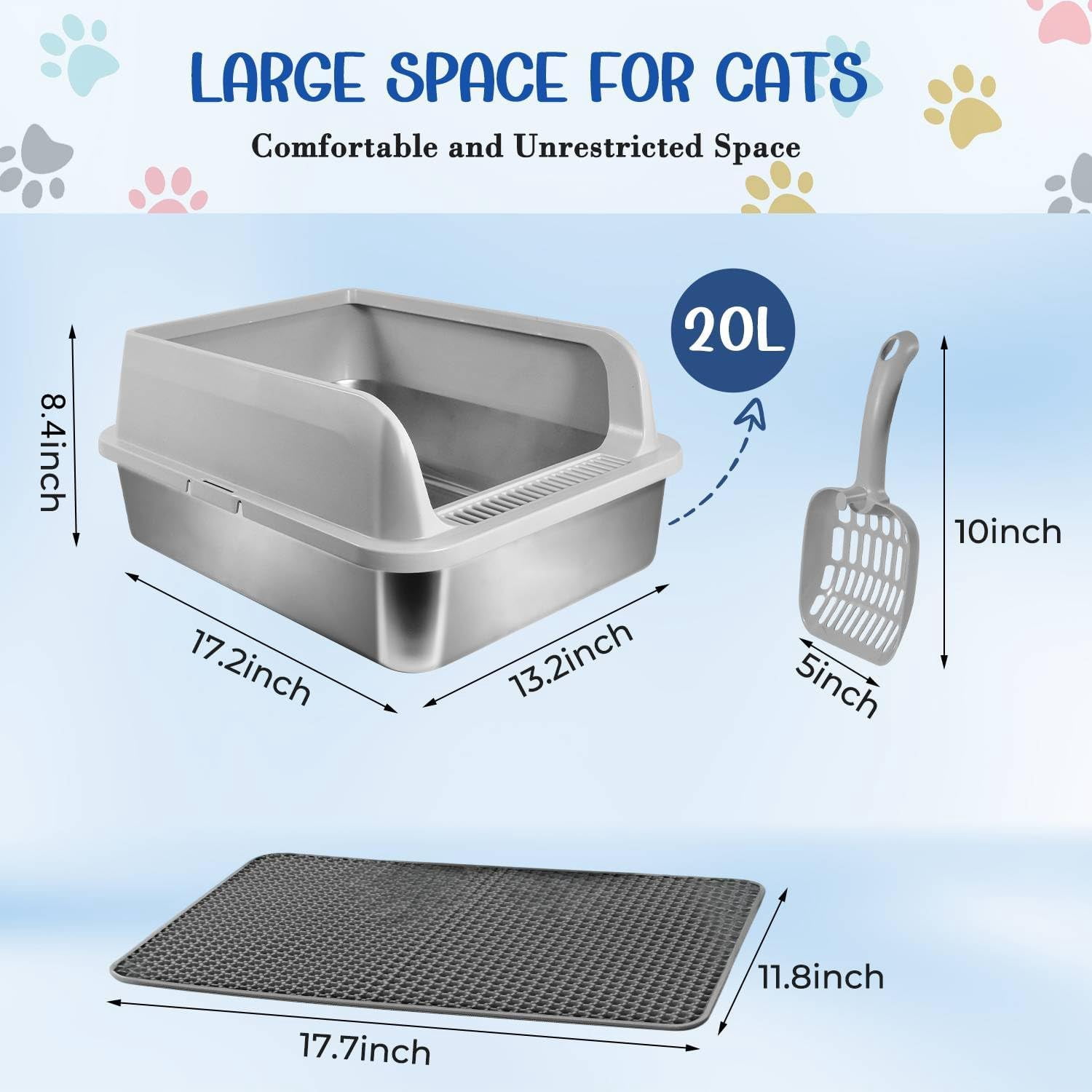 Stainless Steel Cat Litter Box with Lid, High-Wall Non-Stick Litter Pan for Small Cats, Anti-Leakage Metal Litter Box, Easy to Clean, Includes Cat Mat and Scoop, 17.2"x13.2"x7.7"