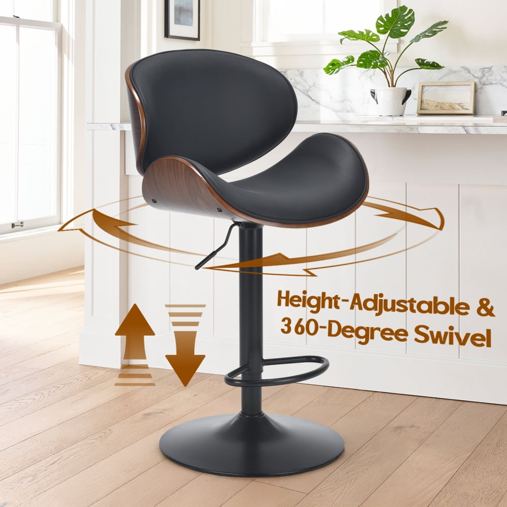 A set of 2 height-adjustable swivel bar stools with PU leather seats and backrests, featuring footrests, suitable for kitchen bar counters or home bars