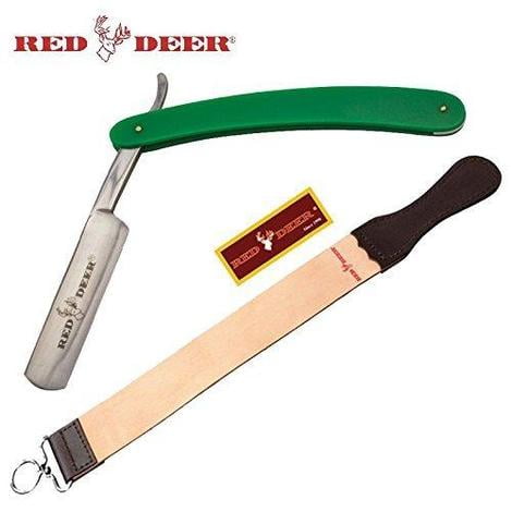 Red Deer Professional Classic Straight Edge Barber Razor and Leather Strop 2 Piece Reusable Green