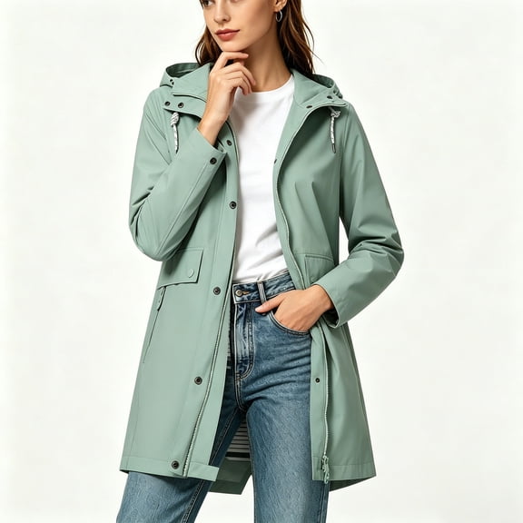 Noric Women's Water-Repellent Rain Jacket Hooded Trench Coat Mid Length Windbreaker with Pockets Casual Outdoor Spring Autumn Outerwear