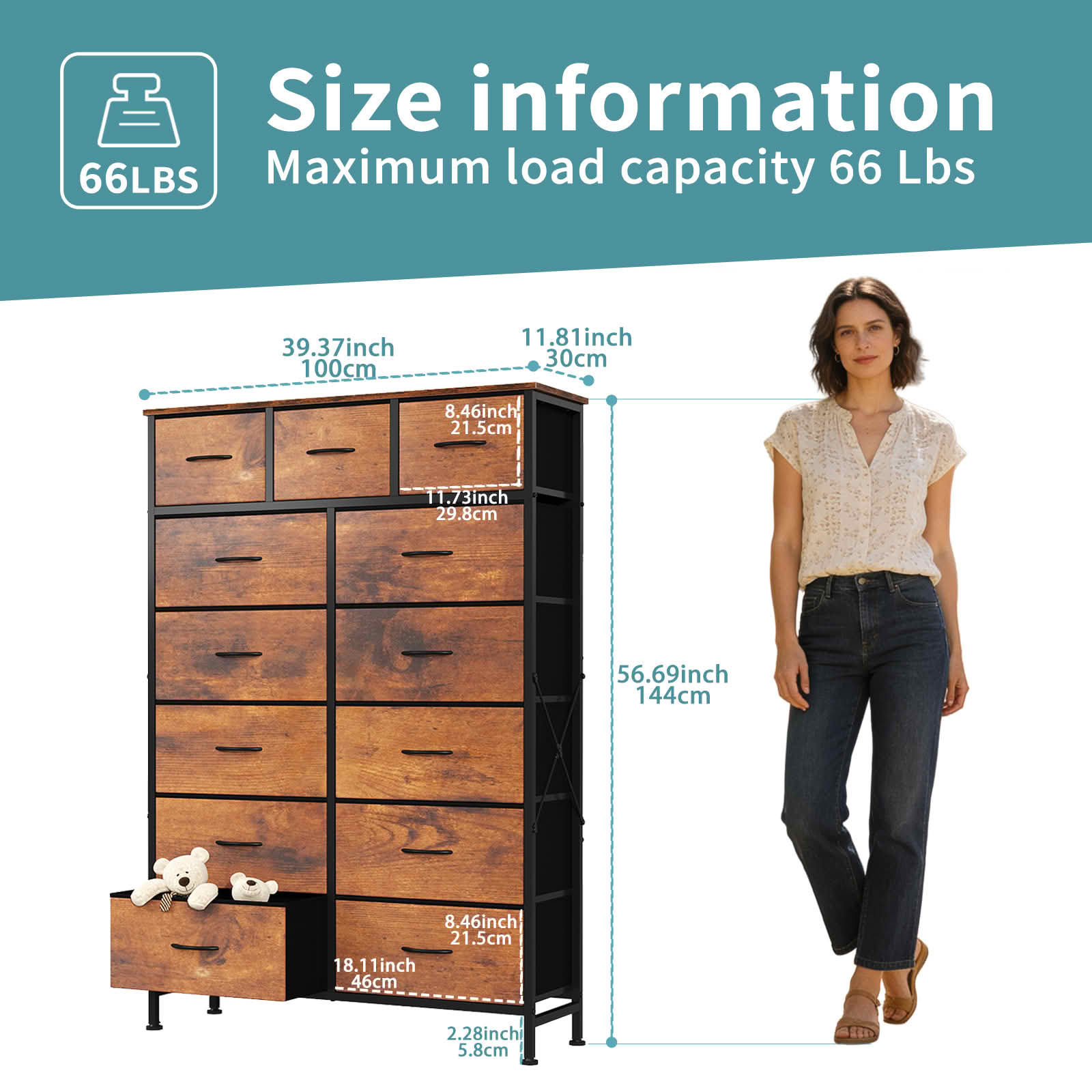 MAYEERTY 56.7-Inch Tall 13-Drawer Fabric Storage Tower, Sturdy Organizer Cabinet