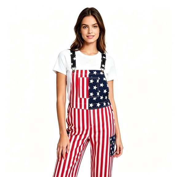 Fortwear 250th Anniversary Womens American Flag Overalls USA Denim Bibs Coveralls 4th of July Jumpsuit(Red White and Blue,S-XL)