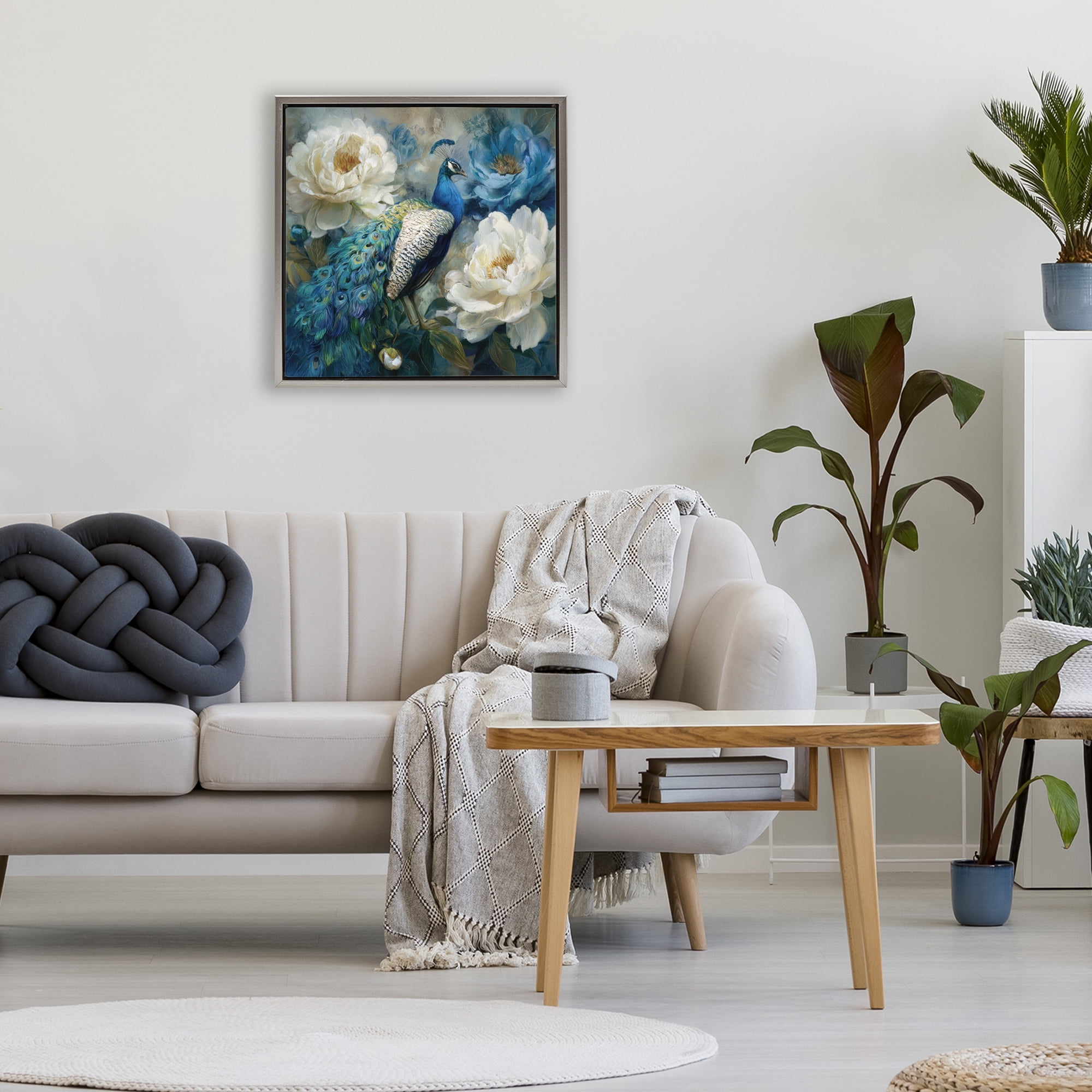 Stupell Industries Pretty Peony Peacock Gray Framed Floater Canvas Wall Art, design by Tina LeCour