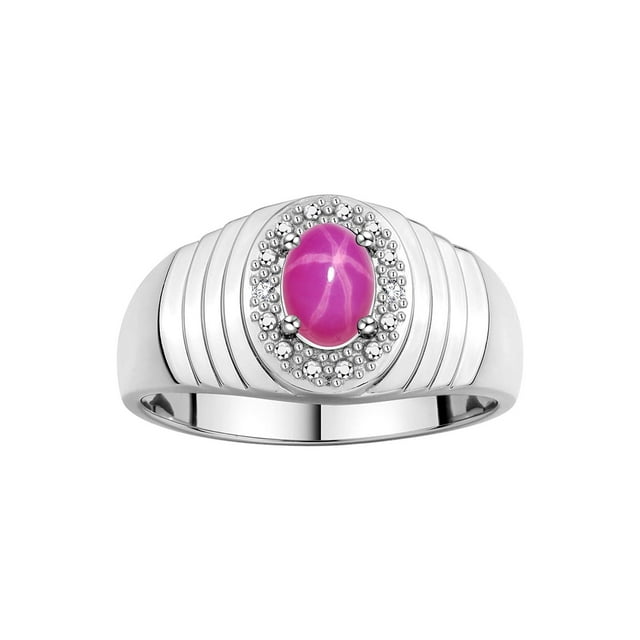 RYLOS Men's Rings 14K White Gold Classic Halo Of Diamonds 7X5MM Oval Gemstone Designer Ring Star Ruby July Birthstone Rings For Men Size 9
