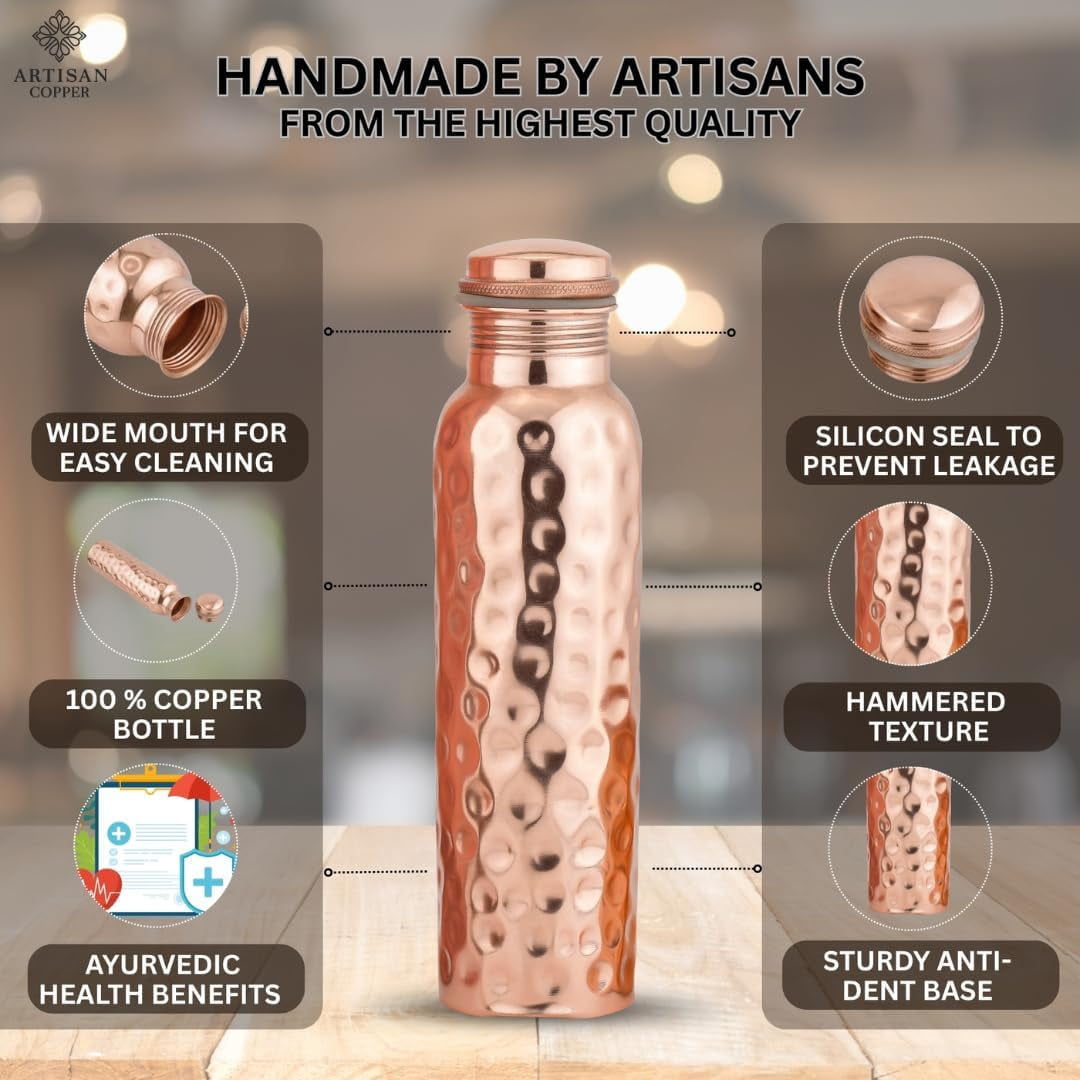 Artisan Copper 100% Pure Copper Water Bottle 32oz, Ayurvedic Drinking Bottle for Women and Men Wide Mouth Design Carrying Canvas Bag