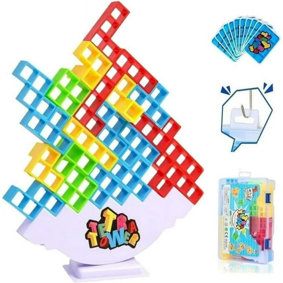 64-Piece Tetris Tower Stacking Game for Kids and Family, Balancing Puzzle Toy with Cards, Educational Building Blocks