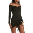 thumbnail image 2 of THDHVS Plus Size Dress,Dresses for Women,Off Shoulder Bodycon Mini Dress Long Sleeve with Drawstring and Ruching Black, 2 of 9