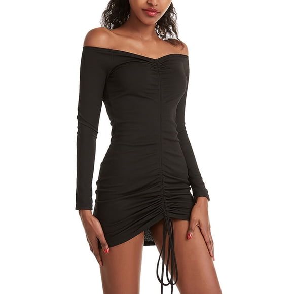Women off Shoulder Mini Dress - Long Sleeve Ruched Front Drawstring Bodycon Dress Gothic Dresses for Women Black 3XL